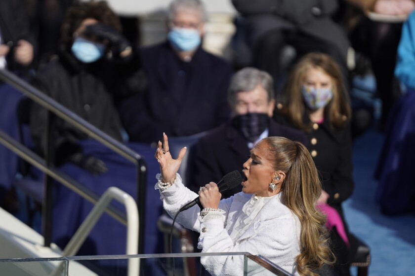 Jennifer Lopez performs at the presidential inauguration in Washington, D.C. on Jan. 20, 2021