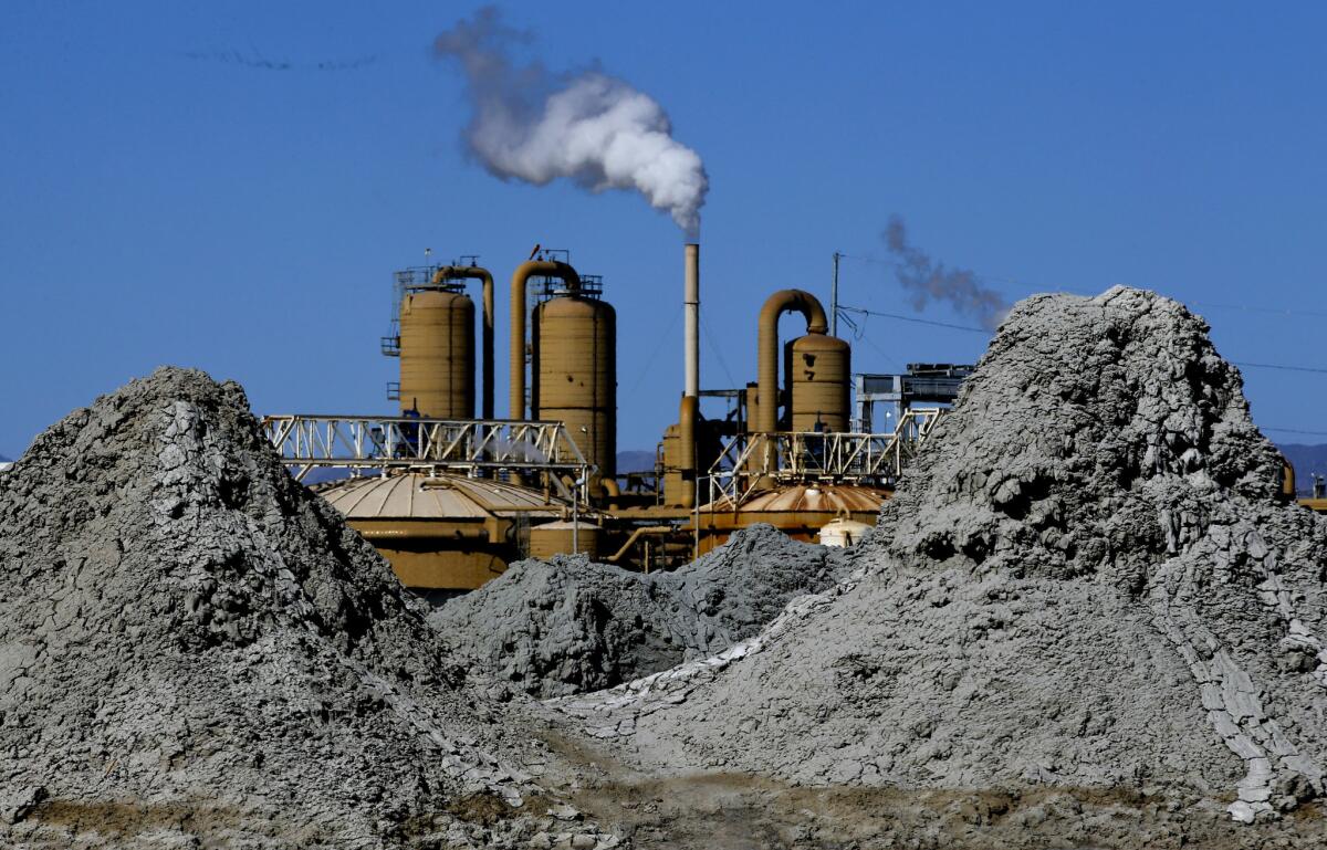 Giant mud pots frame a geothermal plant in Imperial County near the Salton Sea.