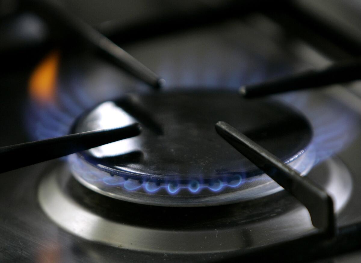 A blue and orange gas flame burns on a gas stove.