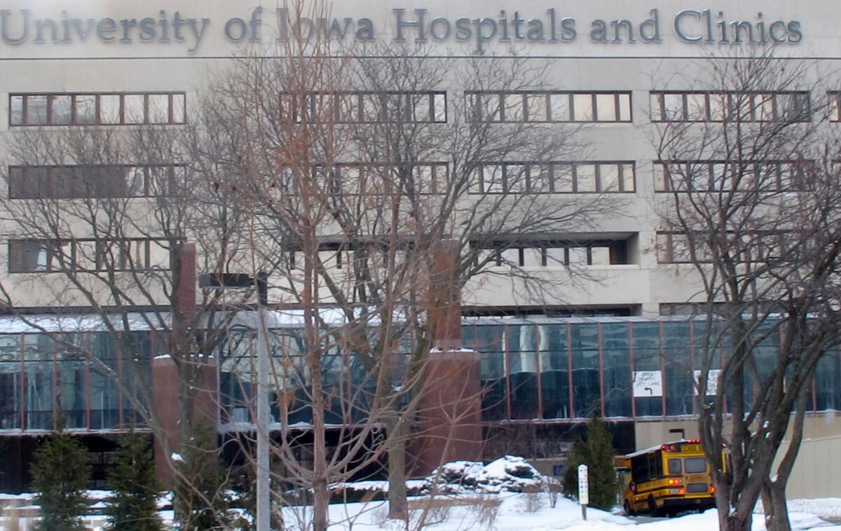 FILE - In this Feb. 13, 2014 file photo of the University of Iowa Hospitals and Clinics in Iowa City, Iowa.