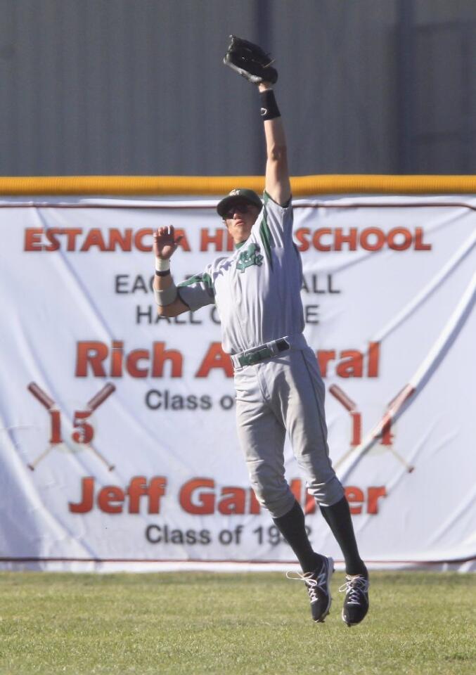 Costa Mesa High's Grant Ripchick secures an out during the fifth inning against Estancia on Wednesday.