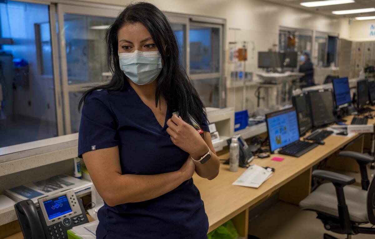 ICU nurse manager Anahiz Correa inside the ICU at Martin Luther King Jr. Community Hospital in Los Angeles.