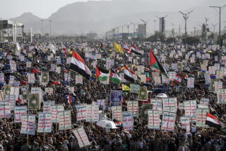 Houthi supporters attend an anti-Israel rally