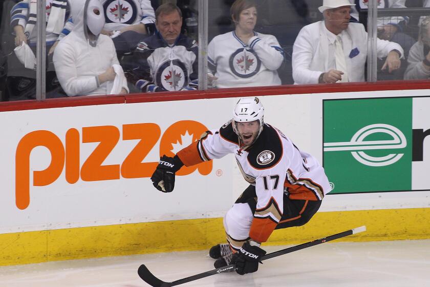 Ducks center Ryan Kesler celebrates after scoring one of his two goals against the Jets during Game 4 of their playoff series in Winnipeg.