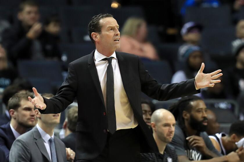 Head coach Kenny Atkinson of the Brooklyn Nets watches on against the Charlotte Hornets