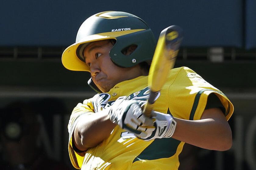 Nick Mora hits a three-run home as his Eastlake Little League team defeats Westport, Conn., for the U.S. championship at the Little League World Series in South Williamsport, Pa.