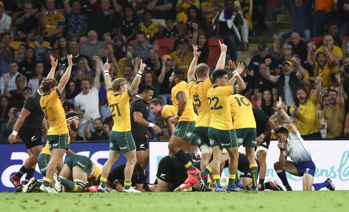 Referee Nick Berry, right, awards a try to Australia during the Bledisloe rugby test between Australia and New Zealand at Suncorp Stadium, Brisbane, Australia, Saturday, Nov.7, 2020. (AP Photo/Tertius Pickard)