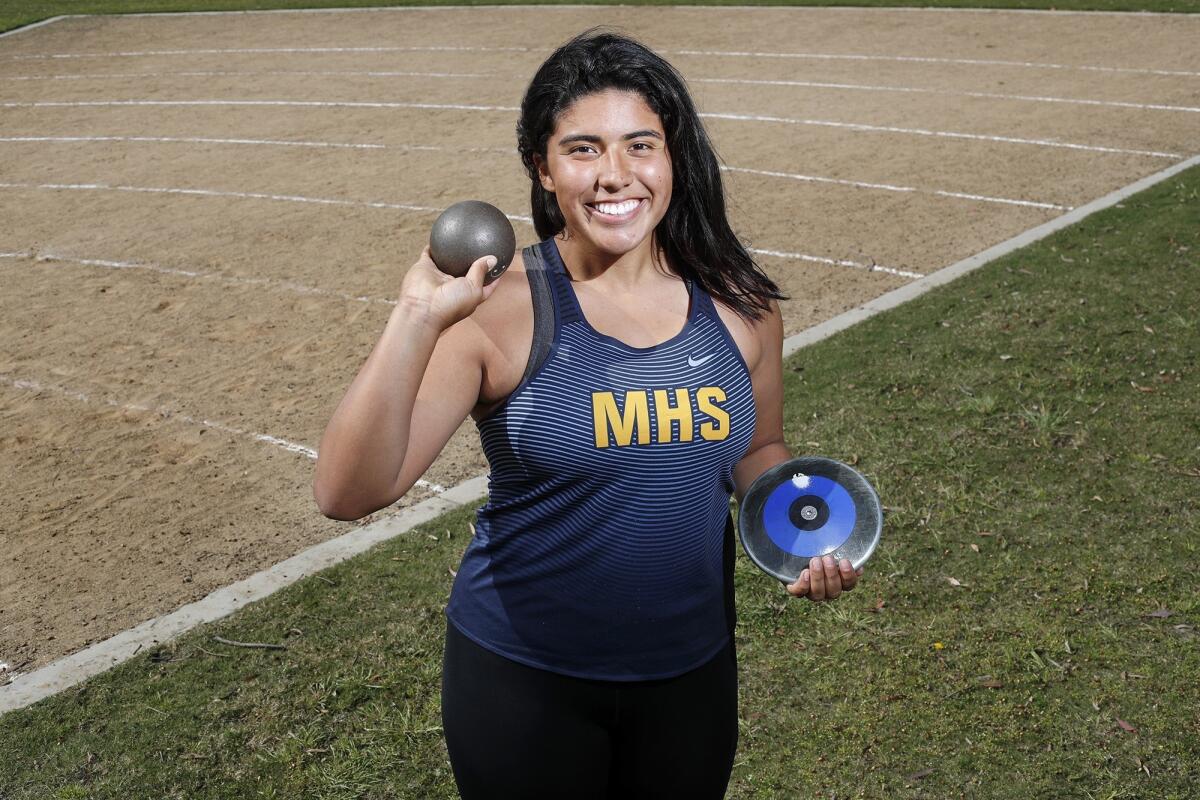 Alejandra Rosales of Marina High won the shotput and placed second in the discus throw at the Trabuco Hills Invitational on March 30.