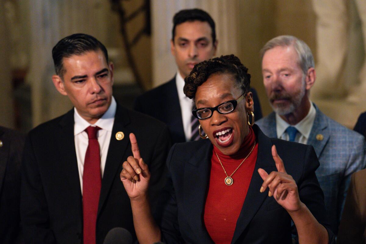 Rep. Lateefah Simon (D-Oakland) speaks to reporters at the Capitol in September.