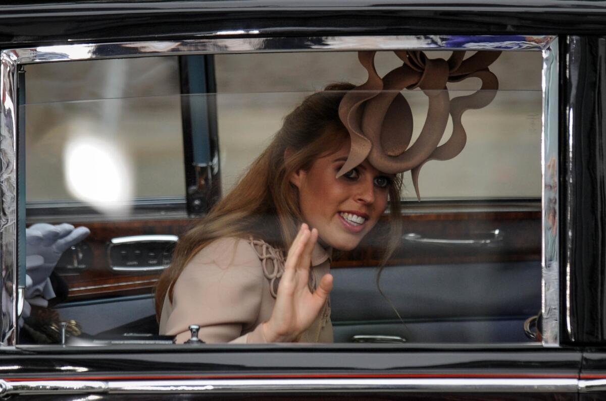 April 29, 2011: Princess Beatrice arrives at Westminster Abbey in London for the wedding of Prince William and Kate Middleton.