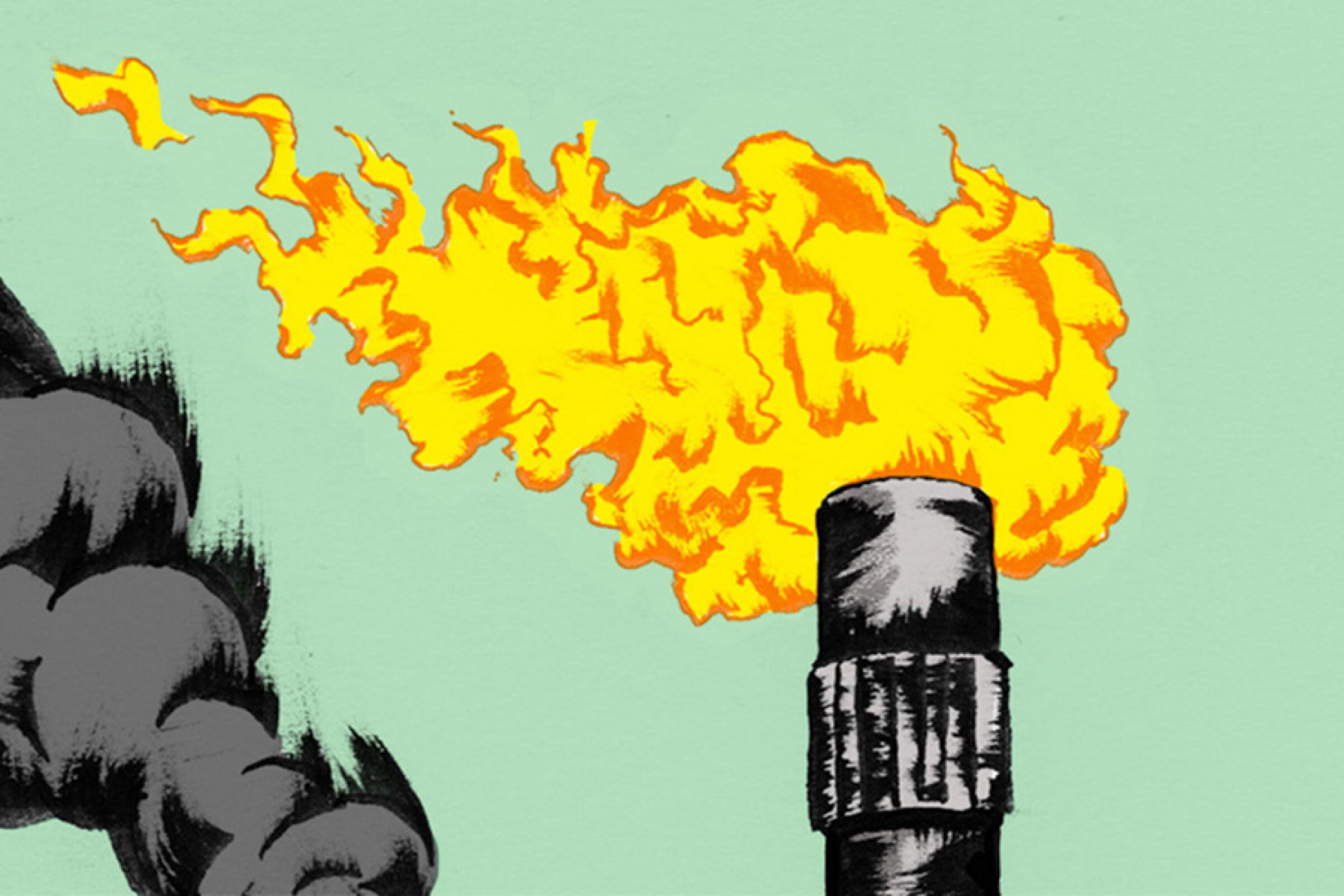 Illustration of a smoke stack with fire coming out of it.