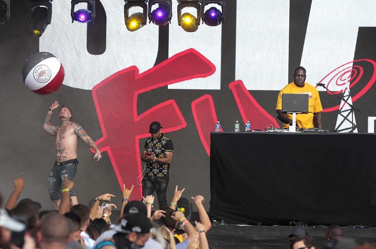 Shaquille O'Neal, right, or DJ Diesel, DJ's during KAABOO at the Del Mar Fairgrounds on Friday. (Hayne Palmour IV/San Diego Union-Tribune)