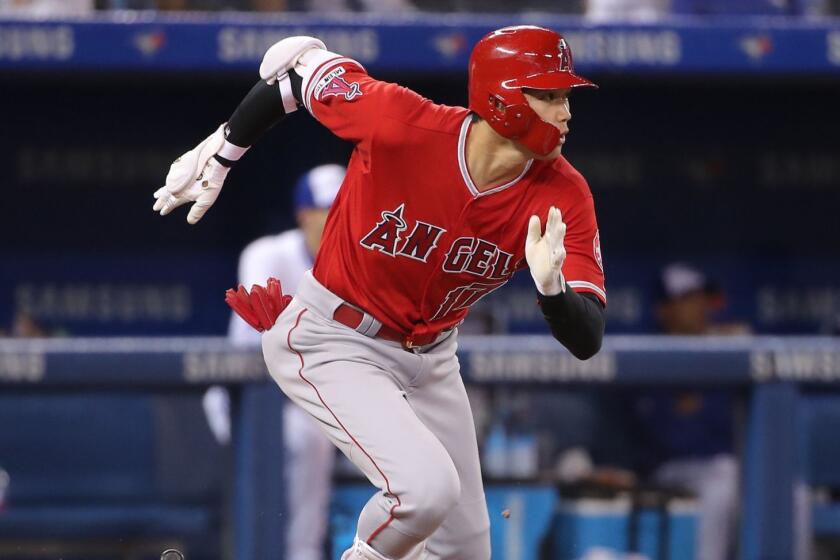 TORONTO, ON - JUNE 17: Shohei Ohtani #17 of the Los Angeles Angels of Anaheim hits into a fielders choice in the eighth inning during MLB game action against the Toronto Blue Jays at Rogers Centre on June 17, 2019 in Toronto, Canada. (Photo by Tom Szczerbowski/Getty Images) ** OUTS - ELSENT, FPG, CM - OUTS * NM, PH, VA if sourced by CT, LA or MoD **