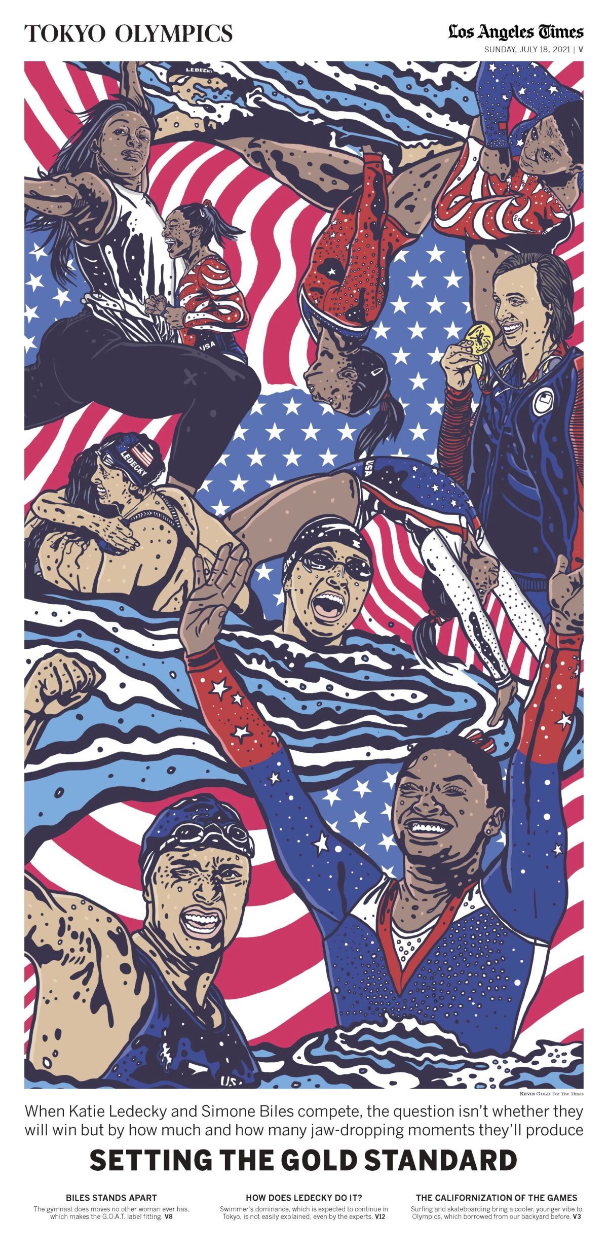 Full cover illustration of Olympics special section featuring Katie Ledecky and Simone Biles