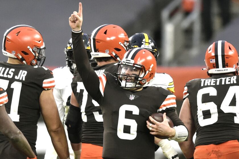 Cleveland Browns quarterback Baker Mayfield (#6) celebrates after the Browns defeated.