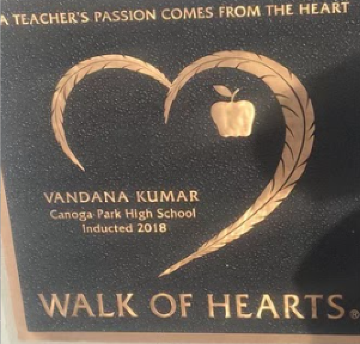 A "Walk of Hearts" plaque for Vandana Kumar