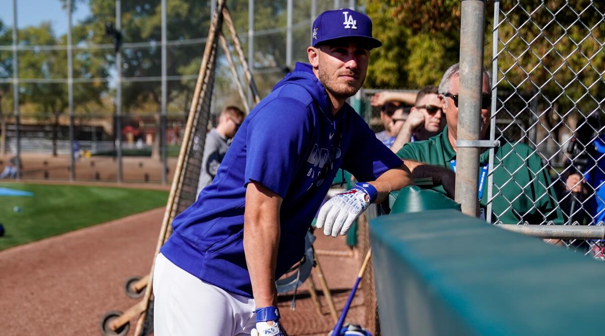 Dodgers outfielder Cody Bellinger watches during spring training at Camelback Ranch. 