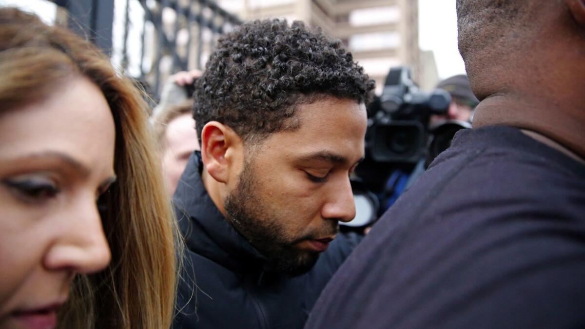 “Empire” actor Jussie Smollett leaves Cook County jail after posting bond on Feb. 21 in Chicago.