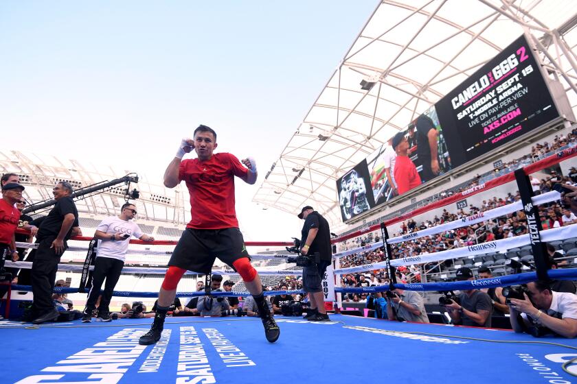 Gennady Golovkin spars during a media workout Aug. 26, 2018, at Banc of California Stadium.