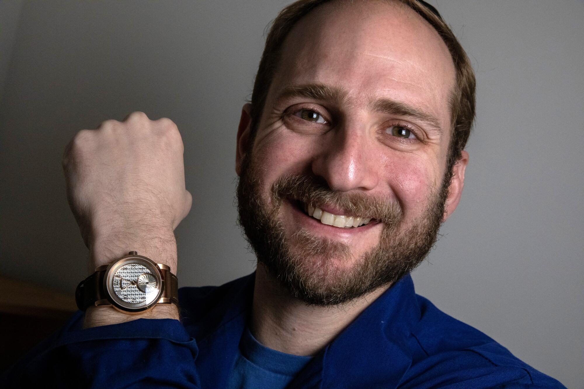 L.A. watchmaker Joshua Shapiro and the prototype of his new U.S.-made watch.