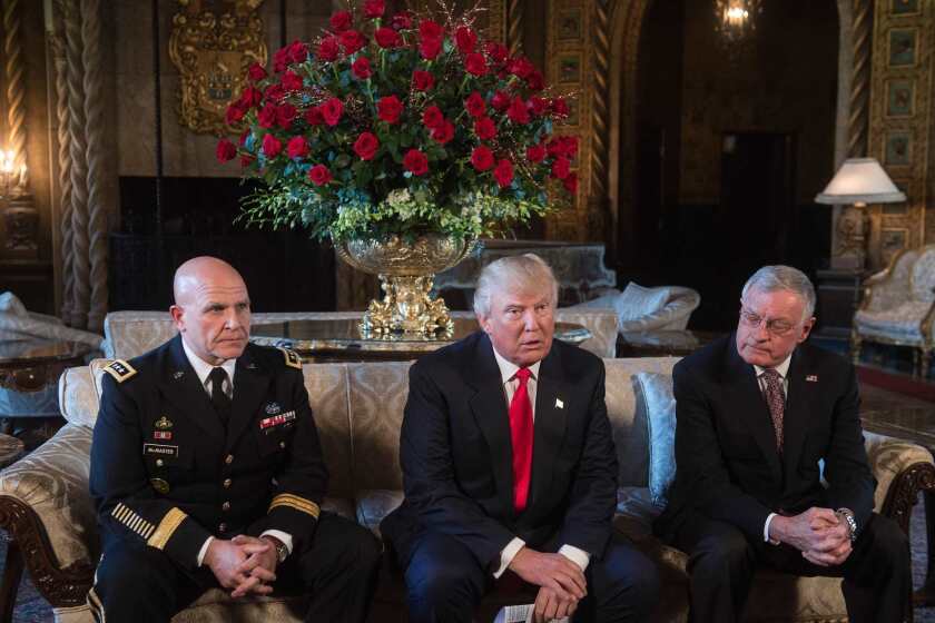 US President Donald Trump (C) announces H.R. McMaster (L) as his national security adviser and Keith Kellogg (R) as McMaster's chief of staff at his Mar-a-Lago resort in Palm Beach, Florida, on February 20, 2017. / AFP PHOTO / NICHOLAS KAMMNICHOLAS KAMM/AFP/Getty Images ** OUTS - ELSENT, FPG, CM - OUTS * NM, PH, VA if sourced by CT, LA or MoD **