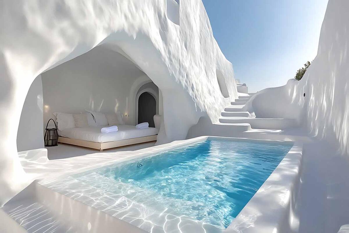 Serene Santorini Suite with a dreamy white cave bedroom and a pool