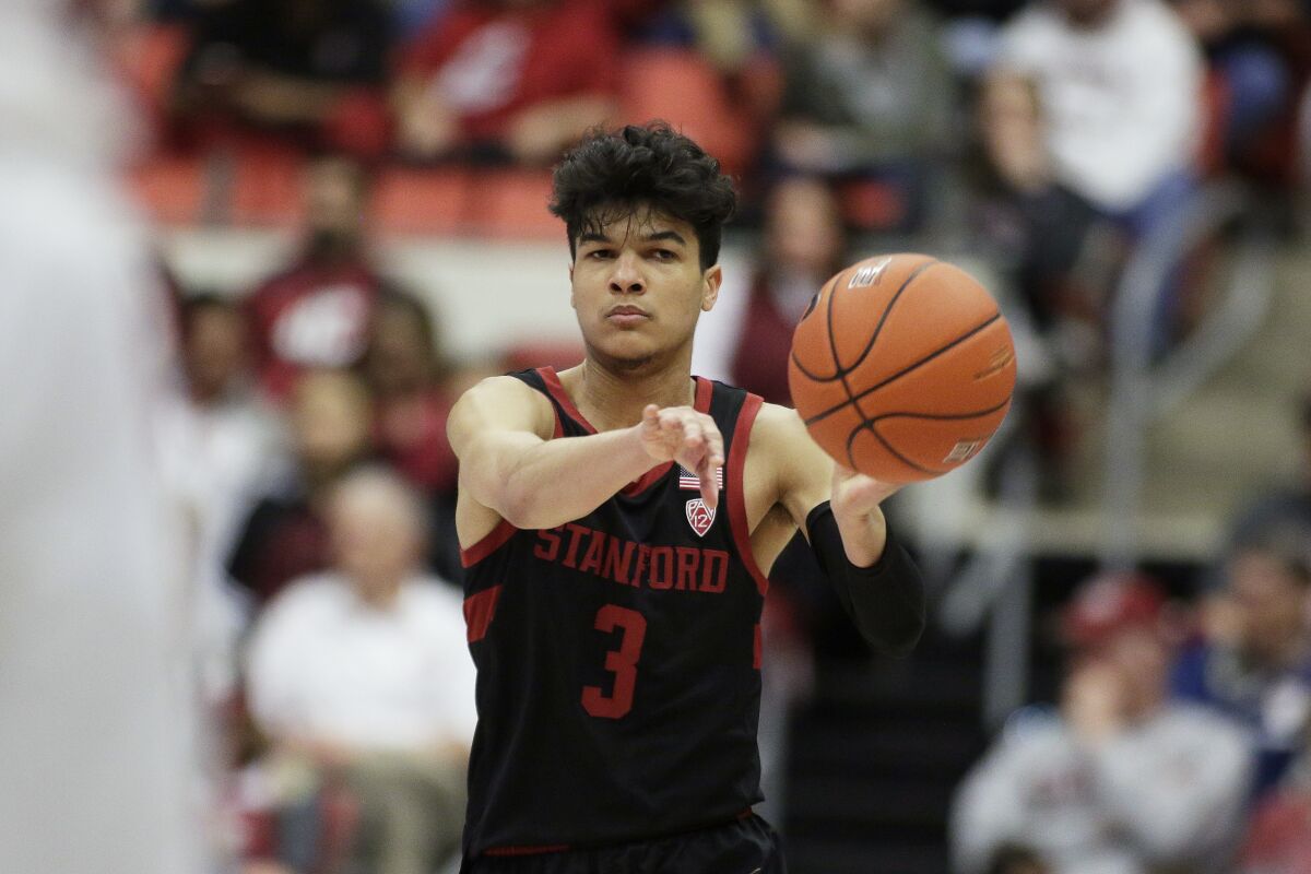 Stanford guard Tyrell Terry passes the ball during a game against Washington State.