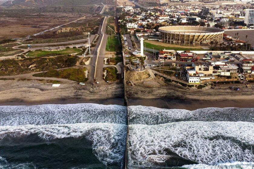 TOPSHOT - Aerial view of the US-Mexico border fence seen from Playas de Tijuana, Baja California state, on January 11, 2019. (Photo by Guillermo Arias / AFP) (Photo credit should read GUILLERMO ARIAS/AFP/Getty Images)