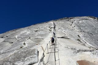 The Half Dome cables span the last 400 feet of an 8-mile one-way climb from Yosemite Valley to the top of Half Dome.