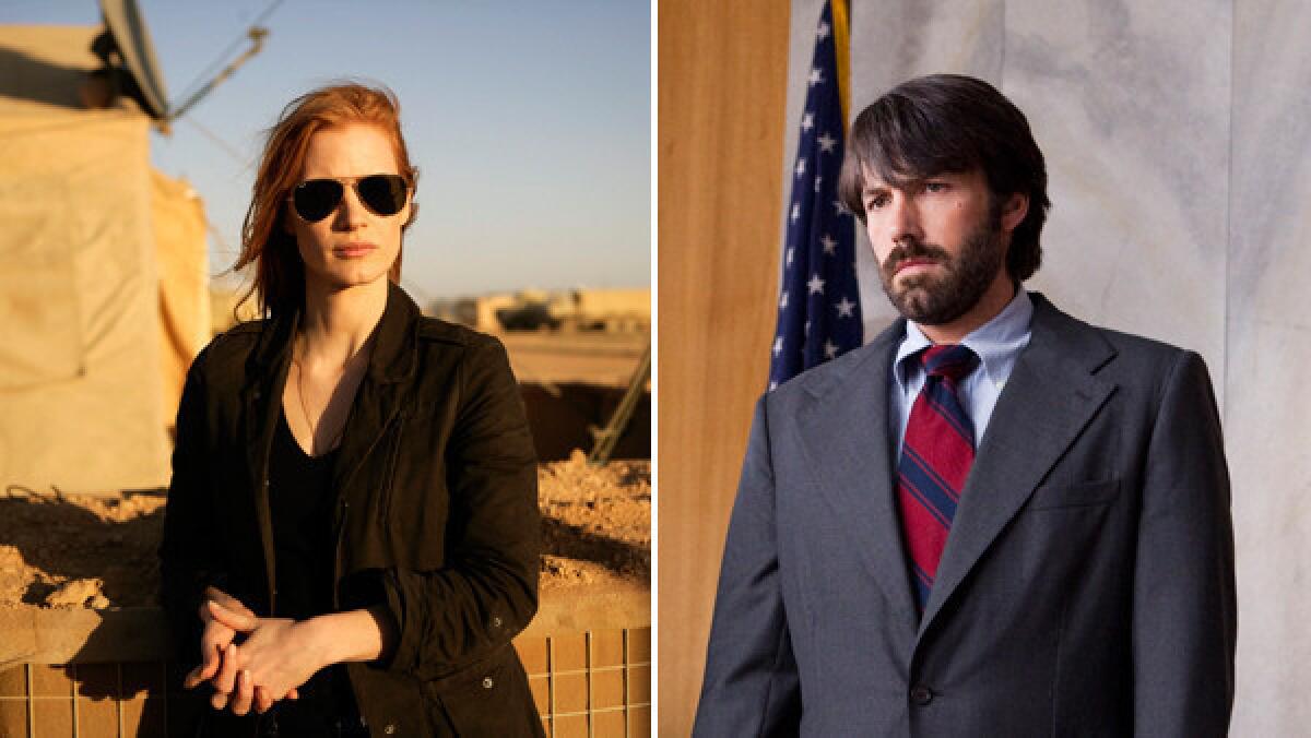 In "Zero Dark Thirty," Jessica Chastain, left, plays a member of the elite team of spies and military operatives stationed in a covert base overseas who secretly devoted themselves to finding Osama Bin Laden. Ben Affleck's "Argo," which depicts the extraction from Iran of Americans in hiding, has been criticized by Iran's official news agency.