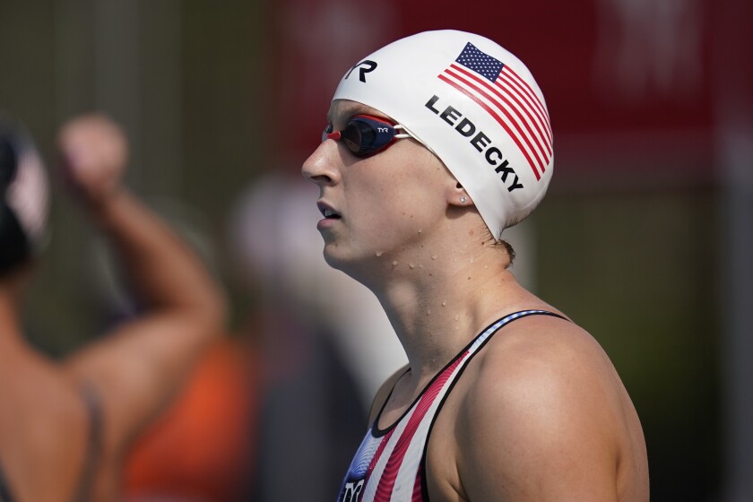 Katie Ledecky prepares to compete in the women's 1500-meter freestyle final at the TYR Pro Swim Series swim meet Sunday, April 11, 2021, in Mission Viejo, Calif. Ledecky finished first. (AP Photo/Ashley Landis)