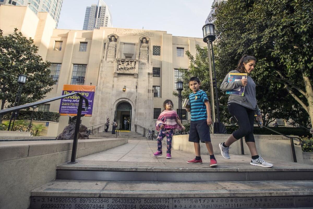 Outside Los Angeles' downtown Central Library, which will reopen on Sunday after years of being closed Sundays because of budget cuts.