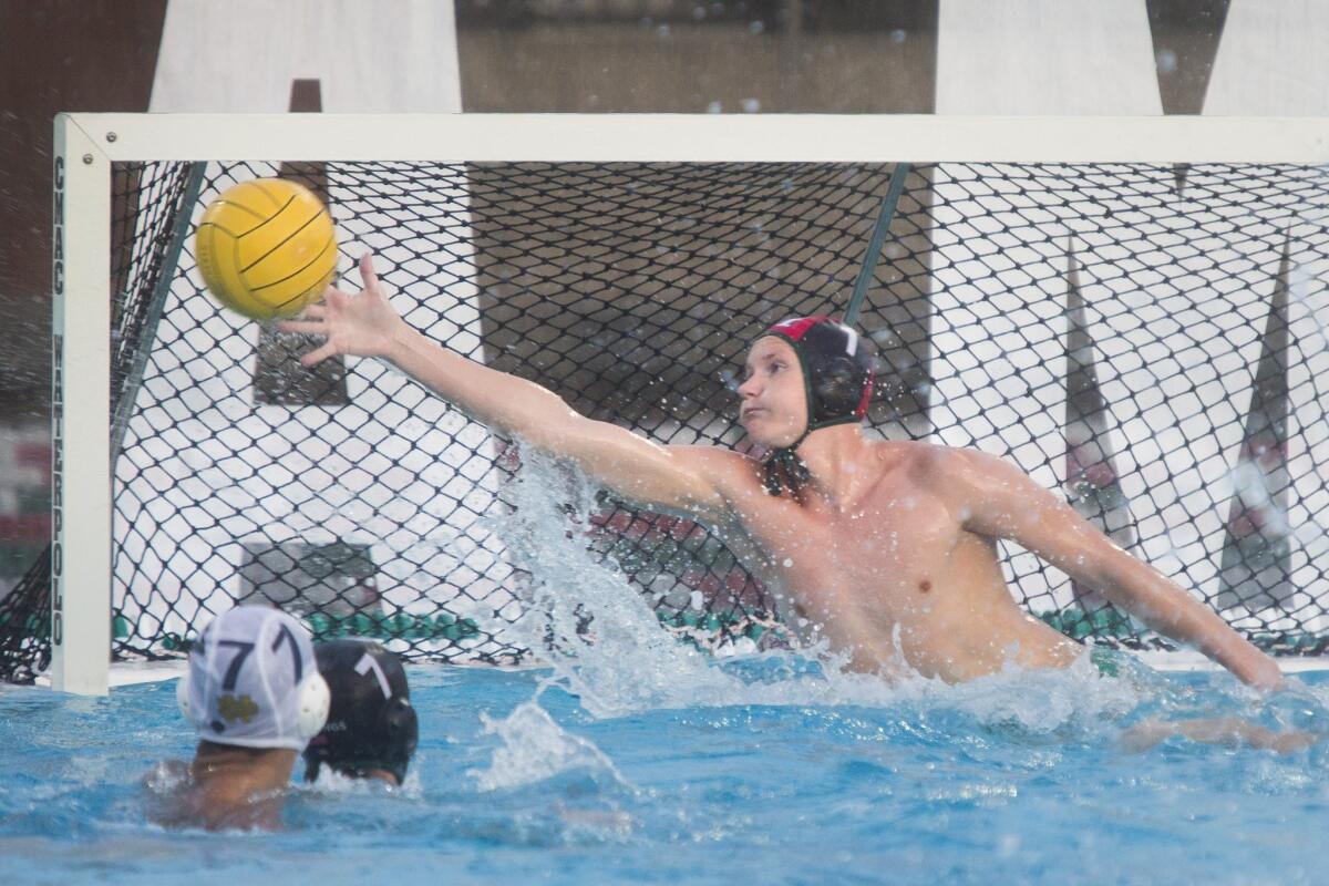 Joey Palmbade, shown making a save against Sherman Oaks Notre Dame on Nov. 1, 2018, had a Costa Mesa single-season record 345 saves in 2019.