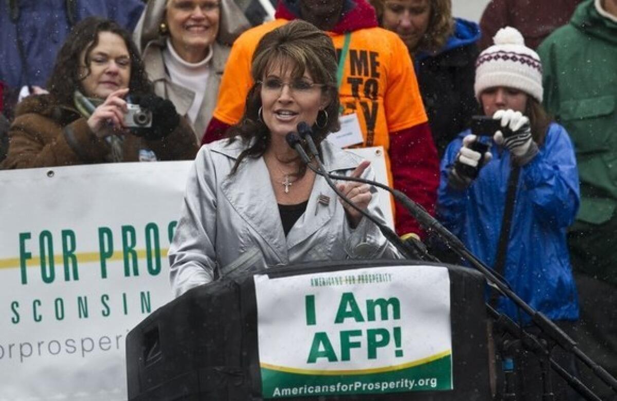 Sarah Palin speaks at a tax day "tea party" rally in April in Madison, Wis.