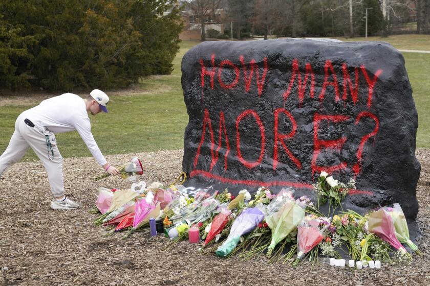 A student leaves flowers at The Rock on the grounds of Michigan State University, in East Lansing, Mich., Tuesday, Feb. 14, 2023. A gunman killed several people and wounded others at Michigan State University. Police said early Tuesday that the shooter eventually killed himself. (AP Photo/Paul Sancya)