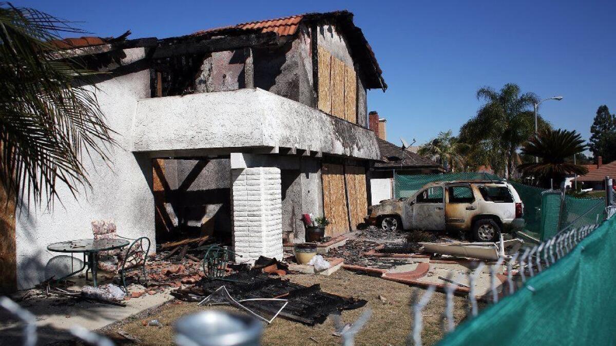 The scene at 19941 Crestknoll Drive where a Cessna airplane crashed into a home on February 6, 2019, in Yorba Linda, California.