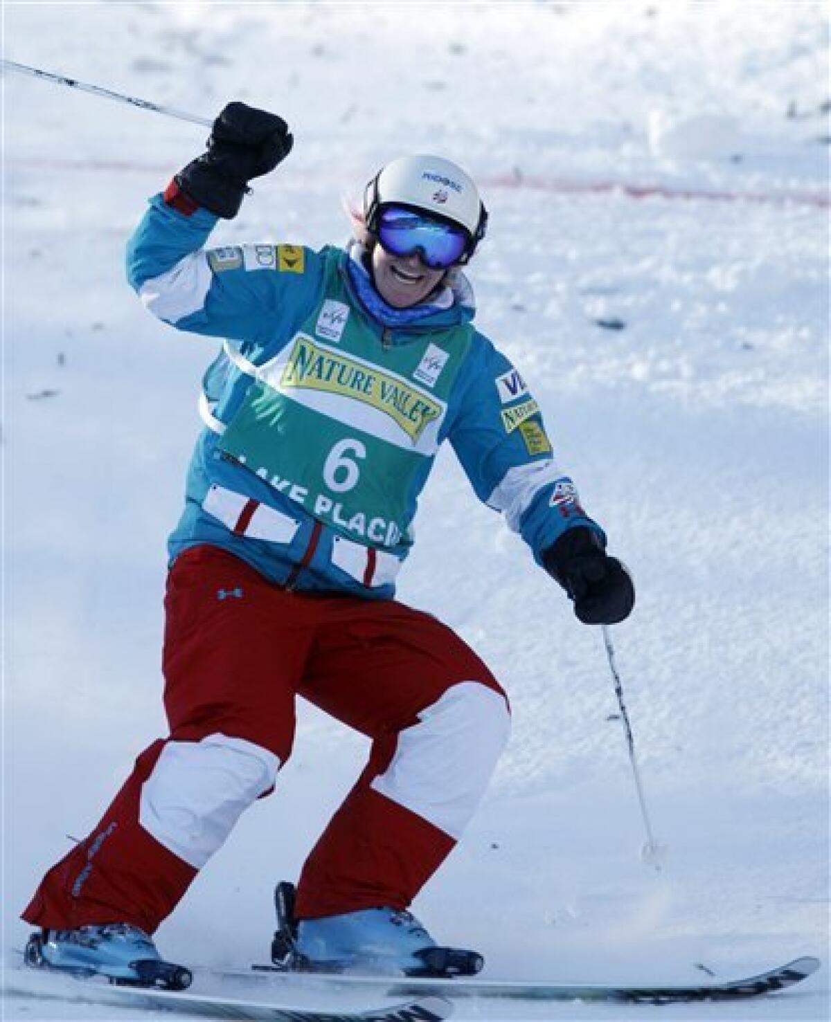 Shannon Bahrke,of the United States, reacts to her second-place finish in the ladies' moguls freestyle World Cup skiing event in Wilmington, N.Y., on Thursday, Jan. 21, 2010. (AP Photo/Mike Groll)