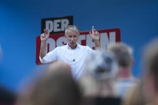 Bjoern Hoecke, top candidate of the far-right Alternative for Germany party, or AfD, speaks on an election campaign rally of the party for upcoming state elections in Suhl, Germany, Tuesday, Aug. 13, 2024. In the federal state Thuringia, in former East Germany, the citizens are called to vote for a new state parliament on Sept. 1, 2024. (AP Photo/Markus Schreiber)