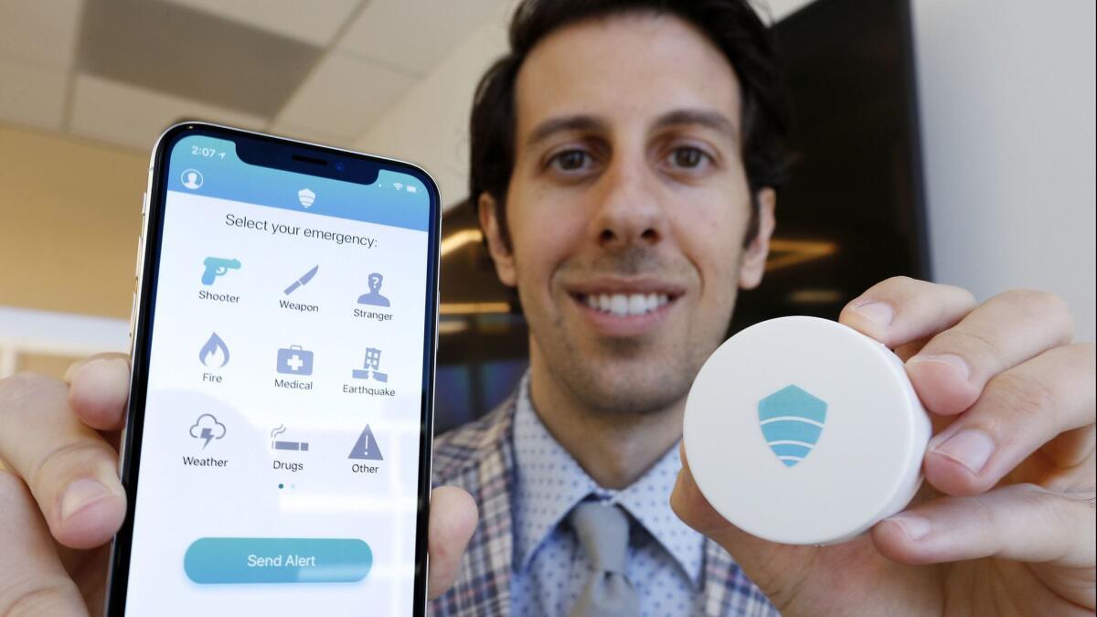 Titan HST Chief Executive Vic A. Merjanian created an app to help with emergency communications. He is partnering with Exoio founder Shawn Dougherty to make and market new sensor hardware, right, to help pinpoint app users' locations during emergencies.