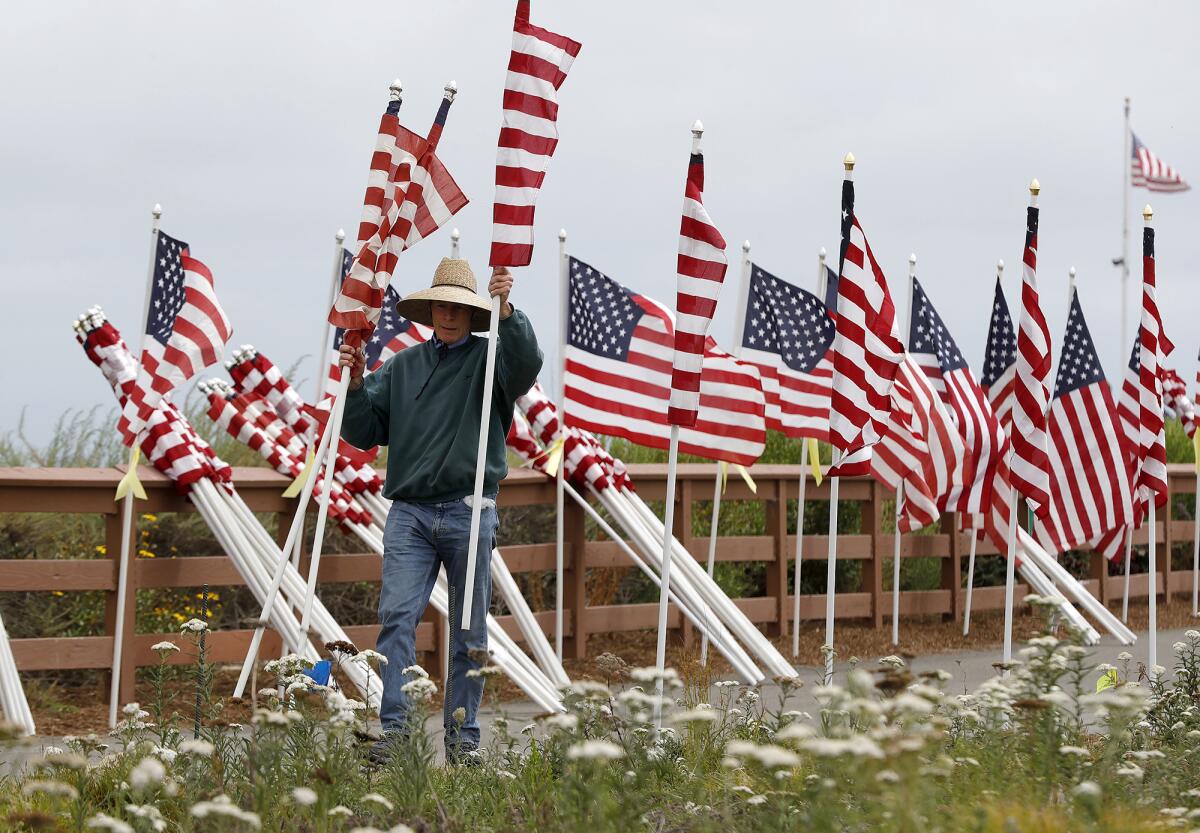 A volunteer places one of 1,776 large American flags during the Exchange Club of Newport Harbor's 13th annual Field of Honor.