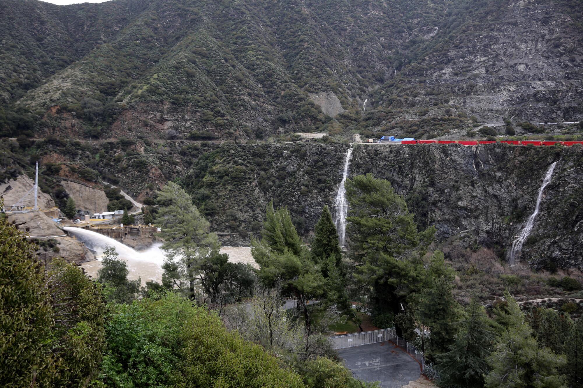 Two tall waterfalls appeared just south of the San Gabriel Reservoir on Wednesday 