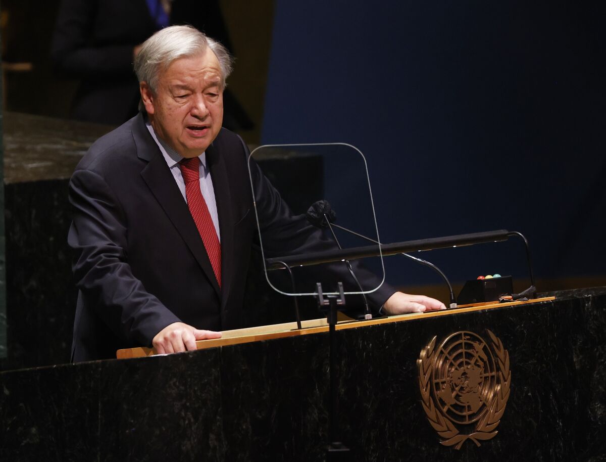 United Nations Secretary-General Antonio Guterres speaks at a High-level meeting on the twentieth anniversary of the adoption of the Durban Declaration during the 76th Session of the U.N. General Assembly at United Nations headquarters in New York, on Wednesday, Sept. 22, 2021. (John Angelillo/Pool Photo via AP)