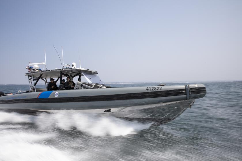 San Diego, CA - August 24: Marine interdiction agents from the Customs and Border Protection's Air and Marine Operations in San Diego take out a 41-foot Coastal Inceptor Vessel to do a standard maritime patrol on Tuesday, Aug. 24, 2021 in San Diego, CA. Agents usually work six hour patrols while keeping an eye out for suspicious traffic. Maritime apprehensions in San Diego have increased from 2016 and 2020 and even more so since the pandemic.  Apprehensions include smuggling of migrants, drugs or other illegal contraband. When agents find migrants they often dehydrated, hypothermic, sunburn or have seasickness. (Ana Ramirez / The San Diego Union-Tribune)