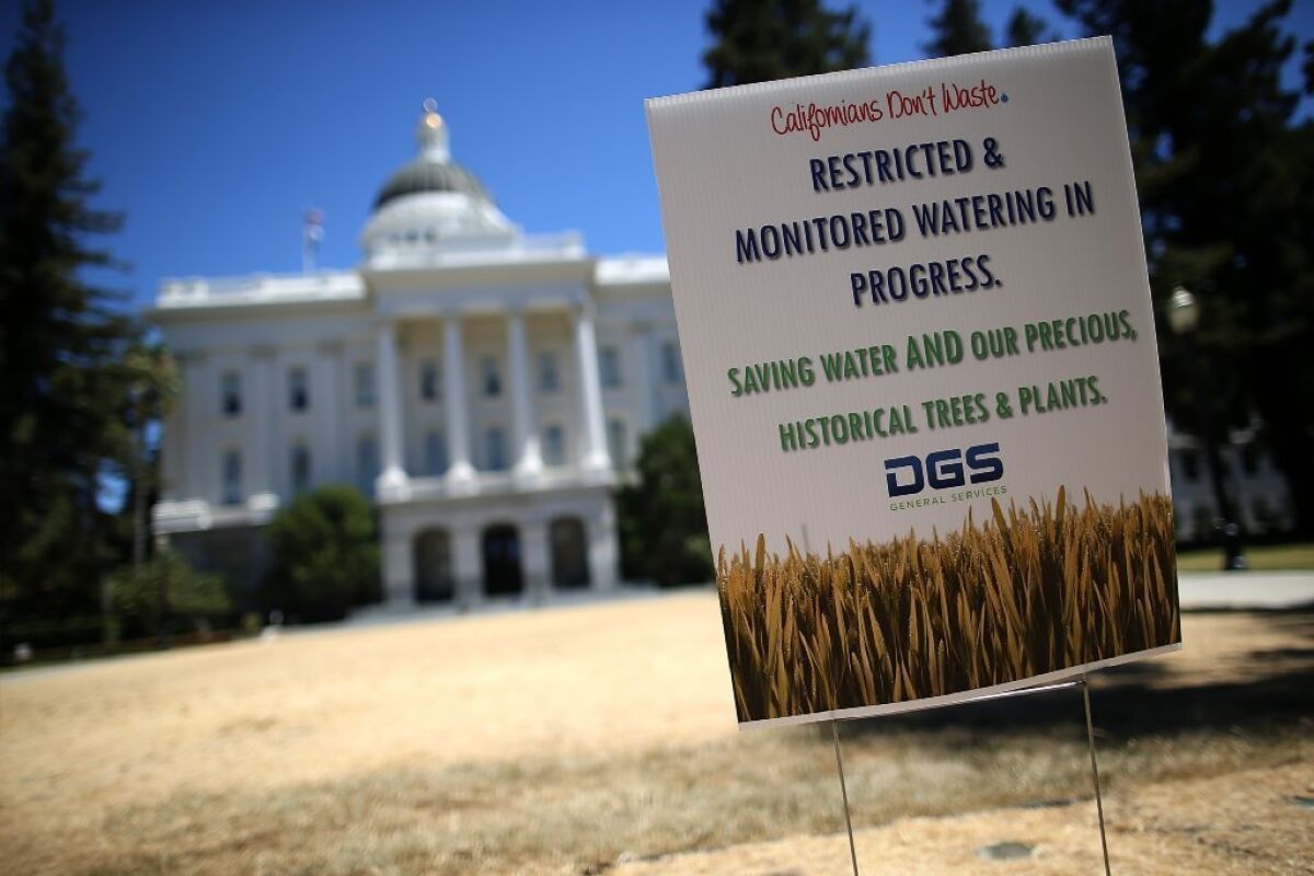 A sign explaining reduced and restricted watering is posted on the dead lawn in front of the California state Capitol in Sacramento on June 18.