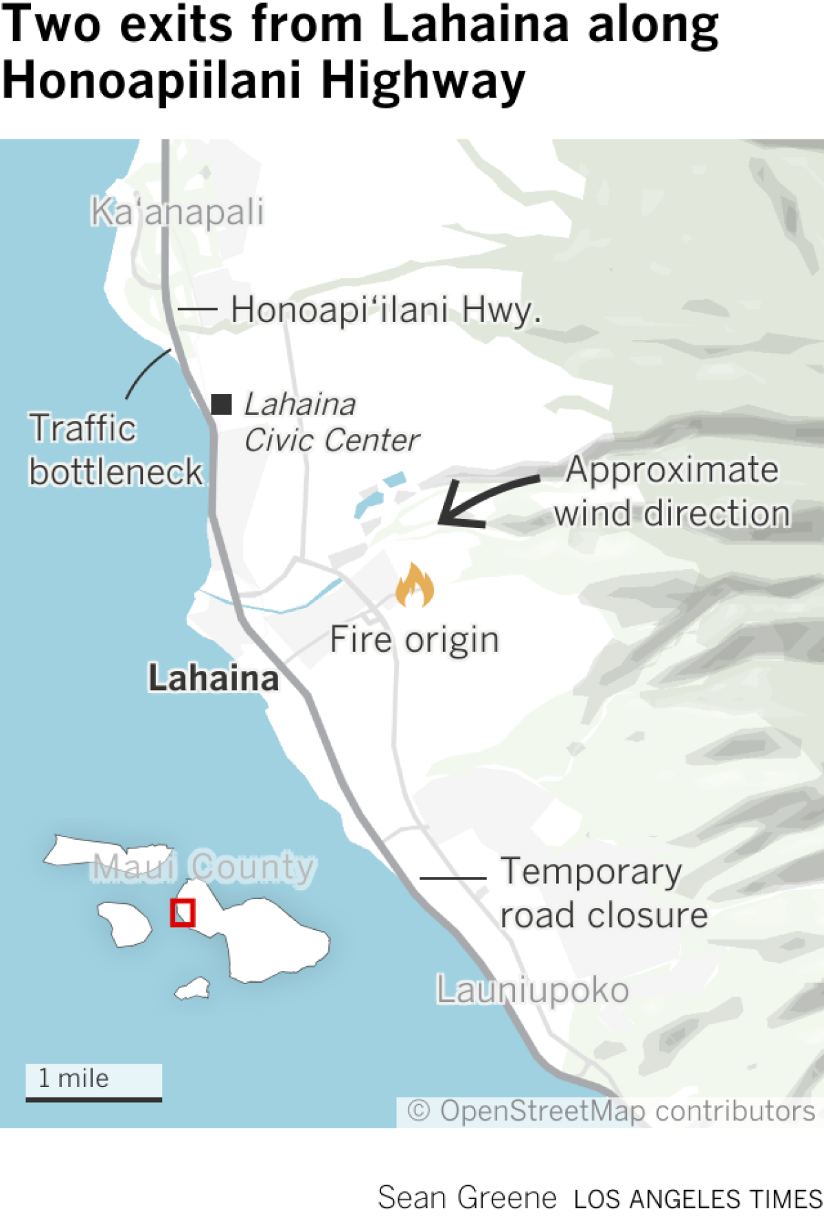A map of Lahaina shows two exits out of town along Honoapiilani Highway.