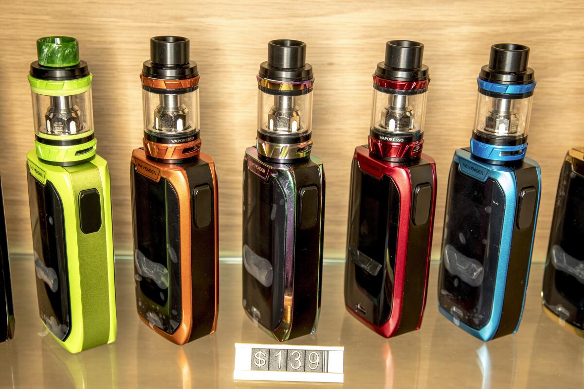 A row of vapes in an Auckland store.