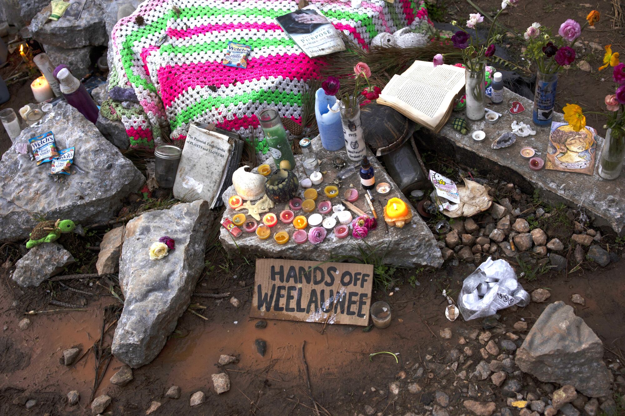 A cardboard sign near candles and rocks reads "Hands off Weelaunee."