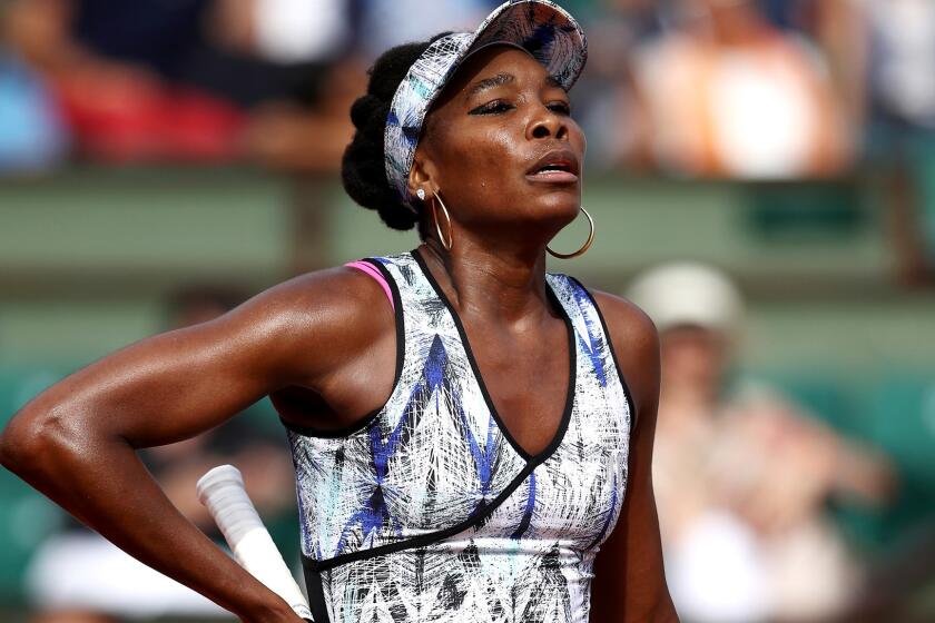 PARIS, FRANCE - JUNE 04: Venus Williams of the United States reacts in her women's singles fourth round match against Timea Bacsinszky of Switzerland during day eight of the French Open at Roland Garros on June 4, 2017 in Paris, France. (Photo by Julian Finney/Getty Images) ** OUTS - ELSENT, FPG, CM - OUTS * NM, PH, VA if sourced by CT, LA or MoD **