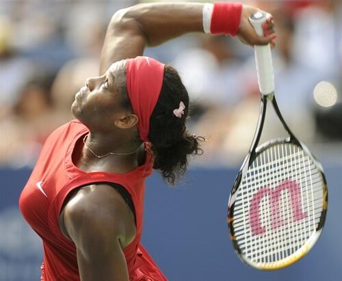Serena Williams of the US serves to Ai Sugiyama of Japan during the third round of the US Open tennis tournament on August 30, 2008 at the USTA National Tennis Center in New York.