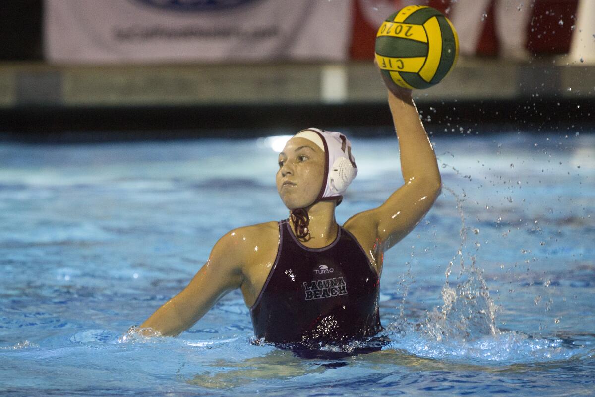 Laguna Beach's Emma Lineback shoots a penalty shot and scores against Foothill in the CIF Southern Section Division 1 title match at Irvine’s Woollett Aquatics Center on Feb. 22.